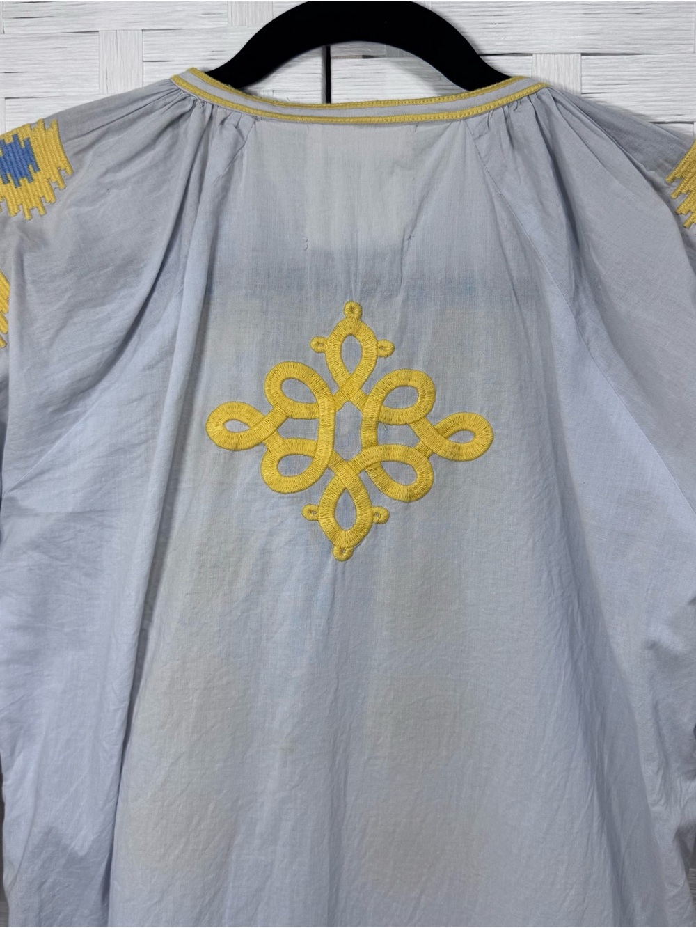 J Crew GALLABIA URBAN CASUAL Blue Yellow Embroidered Tunic Dress No Belt Size S - Picture 7 of 12